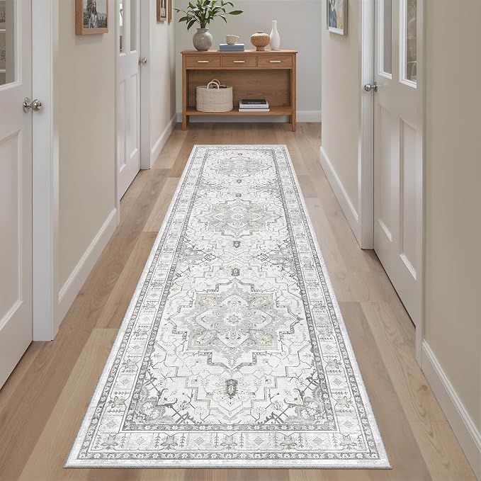 Madane Hallway Runner Rug 2x8 Washable Kitchen Rugs Non-Slip, Grey | Vintage Machine Washable Low-Pile Floor Carpet 8ft, Soft Ultra-Thin Throw Entry Foyer Mat for Entrance Laundry Living Room