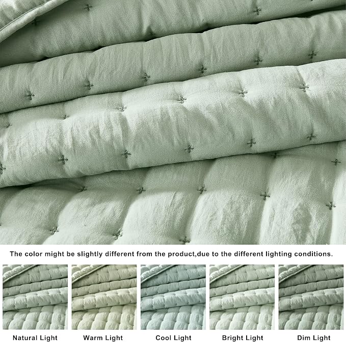 WDCOZY Sage Green King Size Quilt Bedding Sets with 2 Pillow Shams, Lightweight Soft Bedspread Coverlet, Quilted Blanket Thin Comforter Bed Cover for All Season, 3 Pieces, 104x90 inches