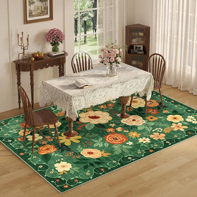 DUKINO 8x10 Area Rugs, Floral Washable Living Room Rug Non Slip, Dark Green | Low Pile, Stain Resistant, Soft Indoor Large Carpet for Bedroom, Dining Rom, Kids Playroom, Pet Friendly, Modern Home Decor