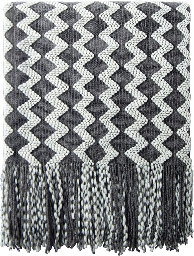 NTBAY Acrylic Knit Throw Blanket, 51 x 67, Grey Wave | Lightweight Acrylic Wave-Knit Throw with 7 Inch Tassels for Sofa, Bed, Reading, Travel, and Decorative Layering