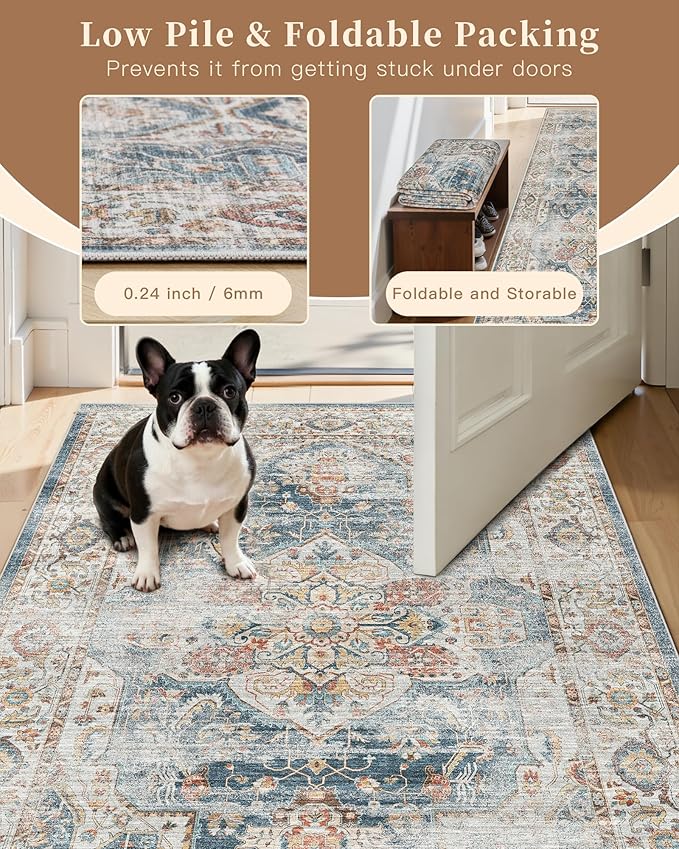 Madane Washable Runner Rug 2x6 Runners for Hallways Non Slip, Navy | Vintage Stain-Resistant 6 Feet Kitchen Rug, Soft Low-Pile Ultra-Thin Floor Carpet Mat for Bathroom Laundry Room Bedroom 2x6ft