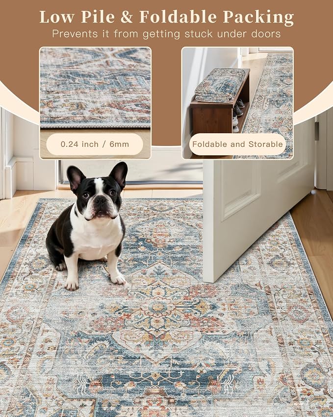 Madane Washable Area Rug 2x3 Small Entryway Rugs Non-Slip, Navy | Vintage Stain-Resistant Door Mat Indoor Entrance, Low Pile Floor Carpet for Inside Front Bedroom Kitchen Entry Laundry, Stair