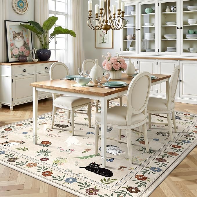 AIMPEAK 6x9 Washable Area Rug - Non Slip Low Pile Cat Floral Boho Vintage Carpet for Living Room, Bedroom, Farmhouse, Dining Room, Nursery, Kids Playroom, Beige Multi