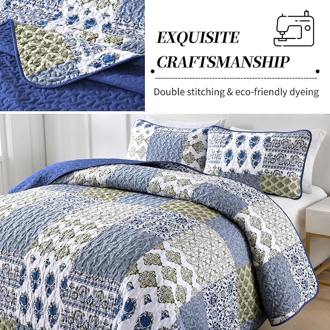 Mybedsoul Boho Quilt King Size, Patchwork Floral Bedding Set, Aqua Blue | Soft Lightweight Microfiber Reversible Coverlet Set, 3 Pieces Plaid Bedspread, Bed Sets for All Seasons 90"x110"