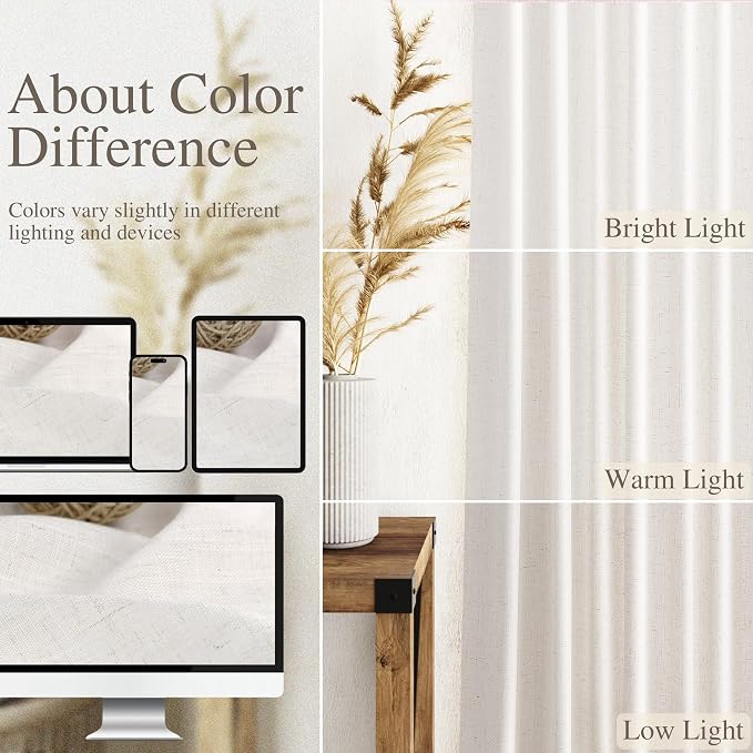 Ivory White Curtains 96 Inches Long 2 Panels for Bedroom Living Room Back Tab Semi Sheer Linen Curtain Modern Farmhouse Coastal Decor 96 inch for Patio Sliding Door Office 52X96