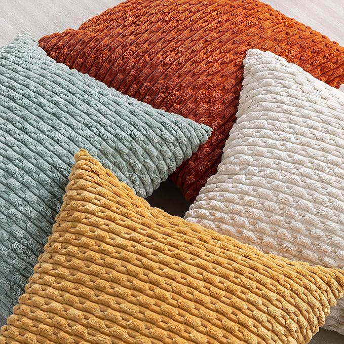 Set of 4 Yellow Rust Aqua Decorative Throw Pillow Covers 12x20 Inch Corduroy Pillow Covers for Bed Couch Sofa Living Room Soft Cushion Cases