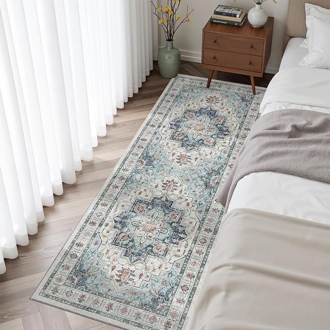 Madane Blue Runner Rug, 2x5, Low-Pile, Non-Slip, Washable, Stain Resistant, Retro, Machine-Made, Microfiber, Floral, Kitchen, Living Room, Bedroom, Laundry Room | Vintage Printed Low-Pile Kitchen Runners, Soft Low-Pile Stain-Resistant Throw Carpet for ...