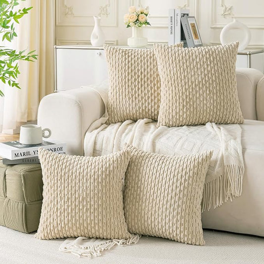 Set of 4 Beige Decorative Throw Pillow Covers 24x24 Inch Corduroy Pillow Covers for Bed Couch Sofa Living Room Soft Square Cushion Cases