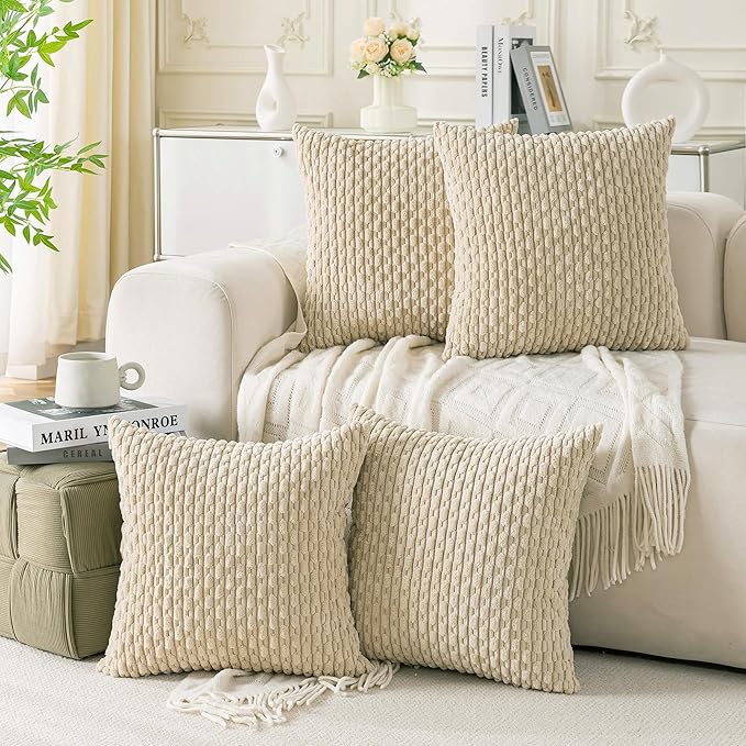 Set of 4 Beige Decorative Throw Pillow Covers 26x26 Inch Corduroy Pillow Covers for Bed Couch Sofa Living Room Soft Square Cushion Cases