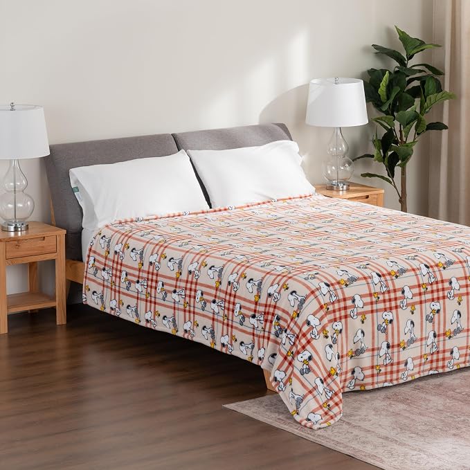Berkshire Blanket Peanuts® VelvetLoft® Cute Character Snoopy Plush Blanket,Snoopy and Woodstock Wood Holiday Plaid Medium Tan,Full/Queen 90 in x 90 in (Official Peanuts® Product)