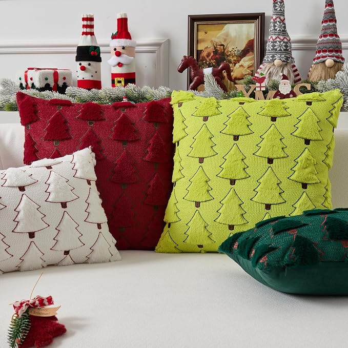 UGASA Christmas Tree Pillow Covers 12x20 Inch Set of 2 Soft Plush Faux Fur Luxury Embroidery Lumbar Cushion Covers for Couch Sofa Holiday Festivals Winter Xmas Gift, Dark Green