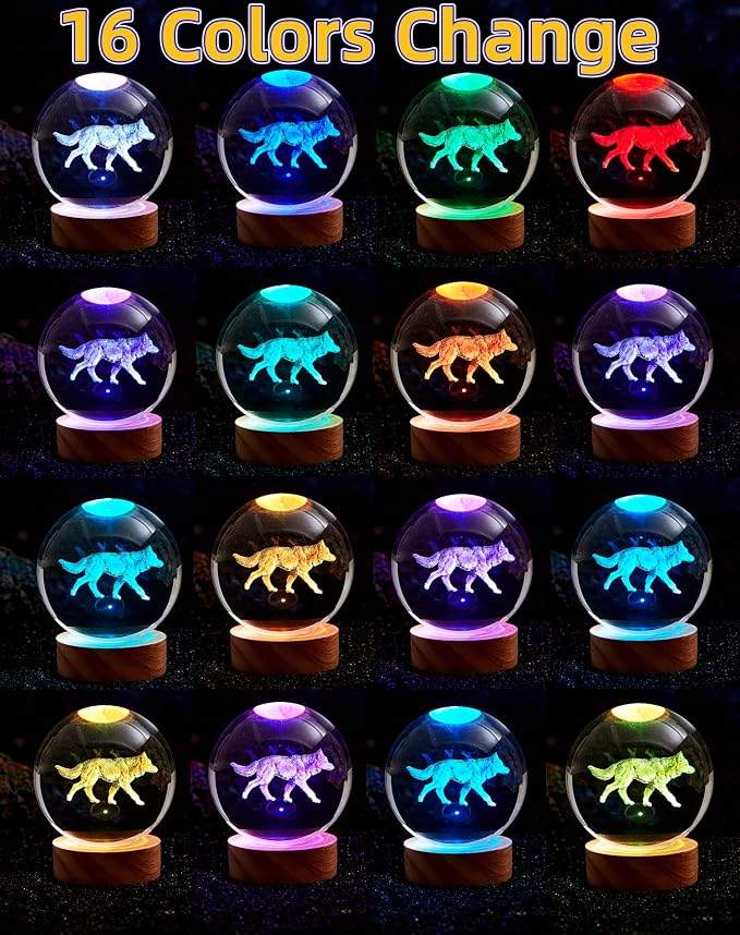 3D Crystal Ball Lamp, Upgraded 3.15 Inch Wolf Crystal Ball Night Light with 16 Colors LED, Wooden Base, Remote Control, Gift Box Packaging, Home Decor Gift
