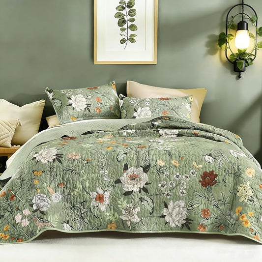 Litanika Floral Green Quilt Oversized King - 3Pcs Botanical Birds Bed | Super King Plus Sage Bedspread Summer Lightweight Soft Coverlet for All Seasons(128"x120")