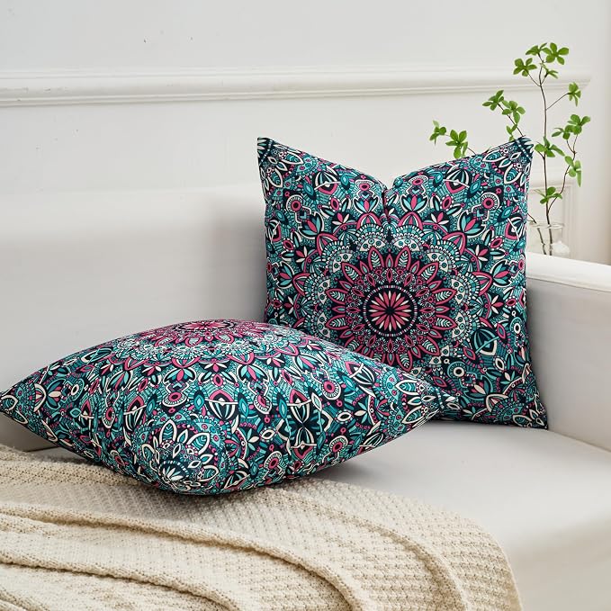 Boho Throw Pillow Covers 18X18 Inch Set of 2 Bohemian Soft Velvet Couch Pillow Cases Farmhouse Decorative Pillow Covers for Sofa Living Room Bedroom Outdoor Patio Porch Teal Geo