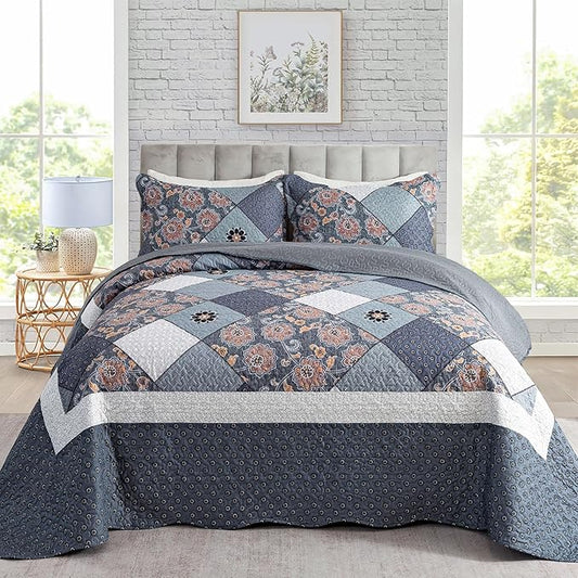 Travan 3-Piece Queen Bedspread Quilt Set Lightweight Coverlet Set Garden Style Floral Printed Oversized Quilted Bedding Set with Shams for All Season, Exquisite, Queen Size