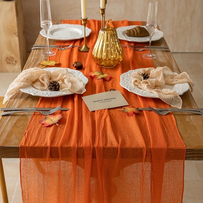 3Pcs Fall Orange Cheesecloth Table Runner 120 Inch Party Home Decor | For Thanksgiving Friendsgiving Wedding Bridal Shower Baby Shower Engagement Party 10FT Rustic Boho Home Decorations
