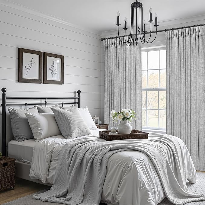 Light Gray Semi Sheer Viral 90 Inch Long Curtains for Bedroom, Memory Trained Pinch Pleated Privacy Light Filtering Sliding Glass Door Curtain 7-1/2 FT Length Grey Natural Linen Drapes 2 Panels Set