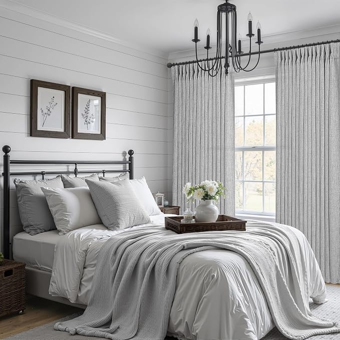 Light Grey Pleated Extra Wide 70 Inch Bedroom Curtains 84 Inches Long 2 Panels Set, Memory Shape Semi Sheer Linen Textured Curtain Light Filtering Privacy Sliding Doors Windows Drapes with Hooks Rings