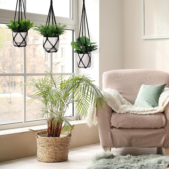 YIBOT Macrame Plant Hanger Indoor 35 Inch Hanging Planter Basket Black 2Pc