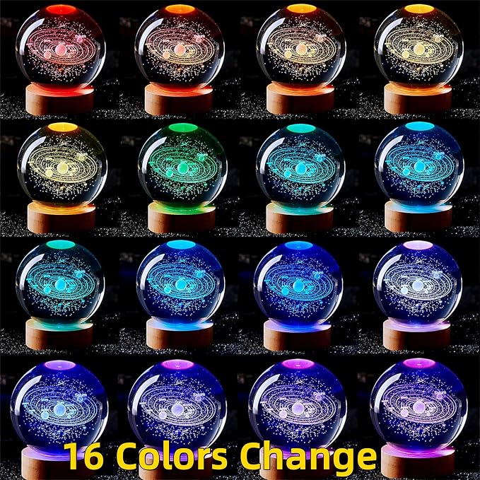 3D Solar System Crystal Ball Lamp, Upgraded 3.15 Inch Galaxy Crystal Ball Night Light with 16 Colors LED Wooden Base, Remote Control, Gift Box Packaging, Home Decor Gift for Friends (solar system)
