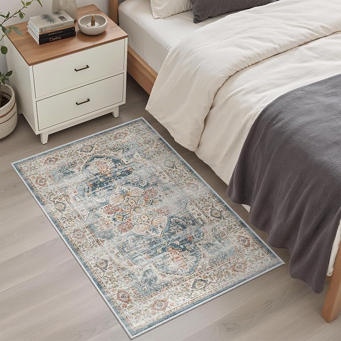 Madane Washable Area Rug 2x3 Small Entryway Rugs Non-Slip, Navy | Vintage Stain-Resistant Door Mat Indoor Entrance, Low Pile Floor Carpet for Inside Front Bedroom Kitchen Entry Laundry, Stair