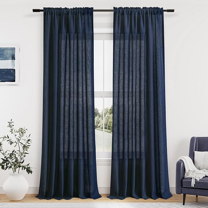 Navy Blue Linen Curtains 84 Inch Length for Living Room Bedroom 2 Panels Set Rod Pocket Light Filtering Semi Sheer Window Curtains 52 Inch Width Boho Farmhouse Linen Drapes, W52xL84