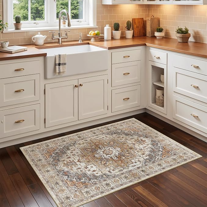 Madane Washable Area Rug 2x3 Small Entryway Rugs Non-Slip, Turmeric/Grey | Vintage Stain-Resistant Door Mat Indoor Entrance, Low Pile Floor Carpet for Inside Front Bedroom Kitchen Entry Laundry, Stair