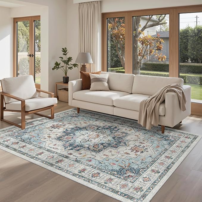 Madane Area Rug 3x5, Washable Vintage Entry Rugs for Bedroom, Blue | Vintage Entryway Bedroom Non Slip Door Mat Indoor Entrance, Kitchen Runner Living Room Laundry Playroom Soft Floor Carpets