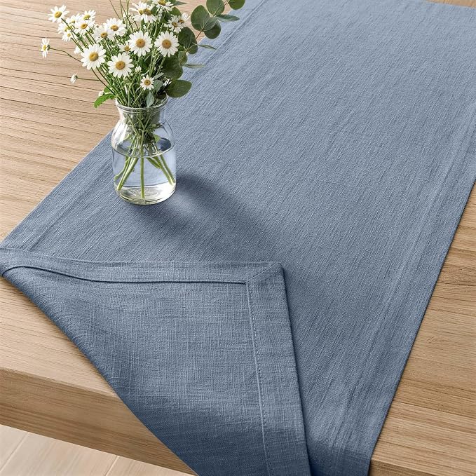 100% Natural Cotton Linen Table Runner, 14x36in Dusty Blue | 75% Linen 25% Cotton, Soft Breathable, Mitered Stitched Corner, Textured Farmhouse Table Runner, Rustic Home Kitchen Decor
