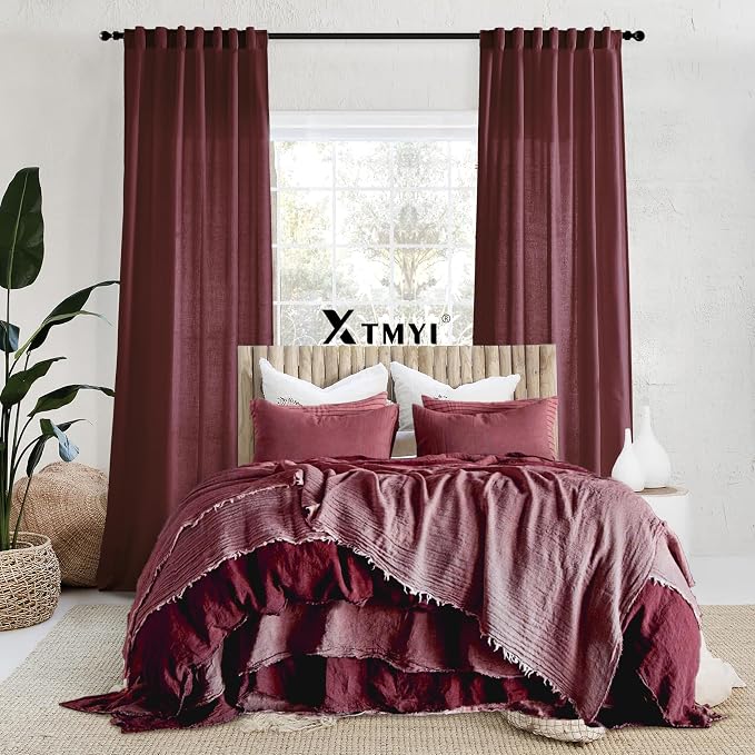 XTMYI Red Wine Curtains, 108x50 inches, Linen Look, Semi Sheer, 4 Hanging Methods, Set of 2 for Living Room, Christmas