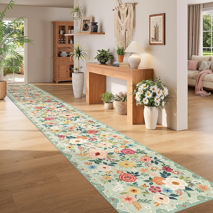 DUKINO 3x20 Runner Rug for Hallway, Floral Washable Long Runner Rug, Green | Non Slip, Low Pile, Indoor Rug Runner for Kitchen, Entryway, Bedroom, Bathroom, Laundry, Pet Friendly, Home Decor, Ultra-Thin