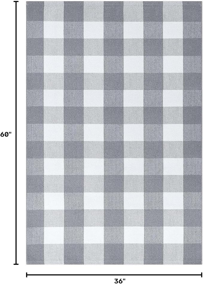 KOZYFLY Buffalo Plaid Area Rugs 3x5 Grey and White Washable Front Door Mat | Woven Cotton Outdoor Rug, Checkered Doormat for Front Porch Patio Farmhouse, Indoor Kitchen Entryway Rug