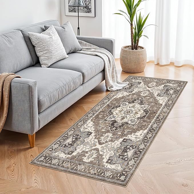 RUUGME Entryway 2x4 Runner Rug: Washable Vintage Rugs Low Pile Lightweight Stain Resistant Carpet for Kitchen Bedroom Non-Slip Soft Thin Floor Mat for Bathroom Laundry Room (Beige,2x4)