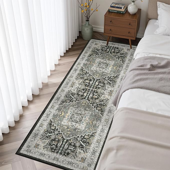 Madane Washable Runner Rug 2x6 Runners for Hallways, Grey Green/Black Olive | Vintage Stain-Resistant 6 Feet Kitchen Rug, Soft Low-Pile Non Slip Floor Carpet Mat for Bathroom Laundry Room Bedroom 2x6ft