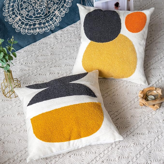 Decorative Geo Pillowcase, Boho Colored Throw Pillow Cover for Couch Sofa Bed Stylish Decor, Simple Cotton Textured Cushion Sham, Square 18 inches, 1PC(Yellow Orange)