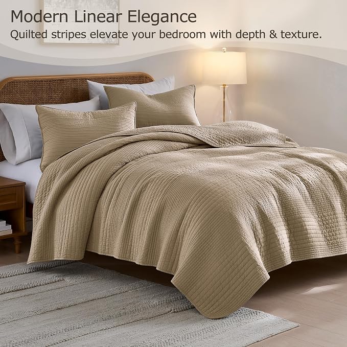palassio Striped Dark Beige 100% Cotton Quilt Twin Size Bedding Sets, Lightweight Crinkly Channel Pick Stitch Textured Bedspread Soft Shabby Chic Farmhouse Country Coverlet for All Season, 1 Sham