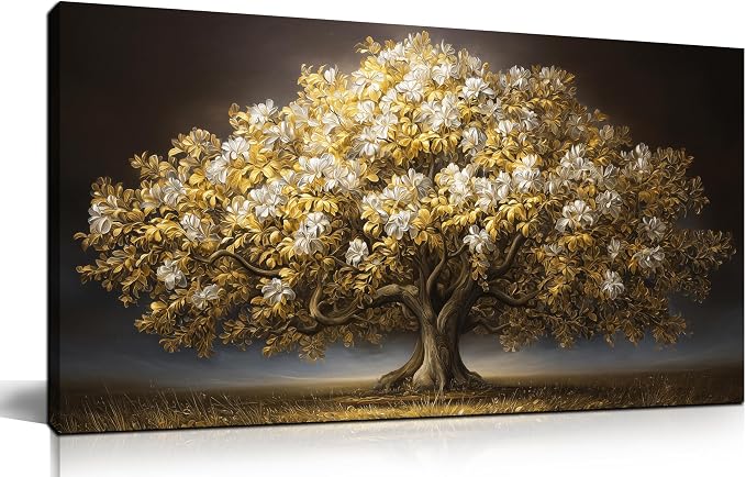 DNIEOTU Tree Wall Art for Living Room, White Flower and Gold Leaves Canvas Wall-Decor for Bedroom, Landscape Picture Prints for Hallway Office, Size 40 x 20 Inches