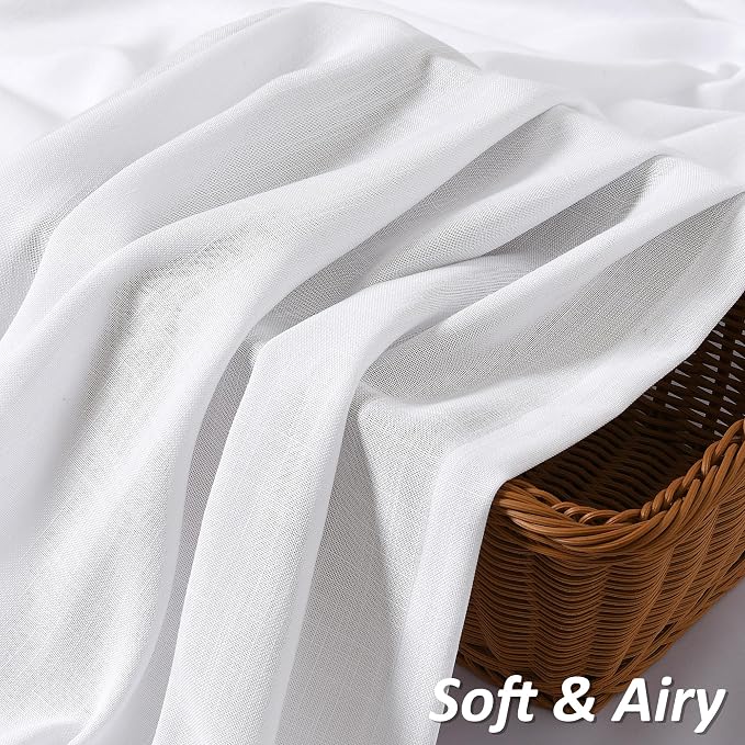 White Linen Curtains 54 Inch Length for Living Room Bedroom 2 Panels Set Rod Pocket Light Filtering Semi Sheer Window Curtains 52 Inch Width Boho Farmhouse Linen Drapes, W52xL54