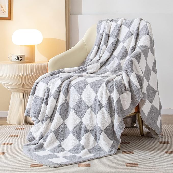 SeaRoomy Fuzzy Checkered Throw Blanket for Couch,Light Grey 51"X63" | Warm,Cozy,Fluffy,Lightweight,Gift for Women Couch Sofa Bed Room Decor