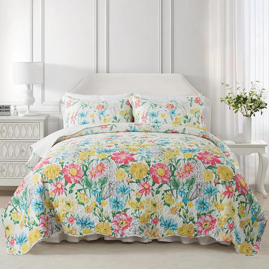 NEWLAKE Quilt Bedspread Sets- Dreamy Flowers Reversible Coverlet Set,King Size