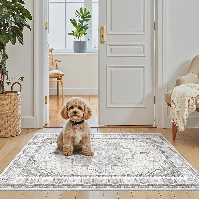 Madane Washable Area Rug 2x3 Small Entryway Rugs Non-Slip, Grey | Vintage Stain-Resistant Door Mat Indoor Entrance, Low Pile Floor Carpet for Inside Front Bedroom Kitchen Entry Laundry, Stair
