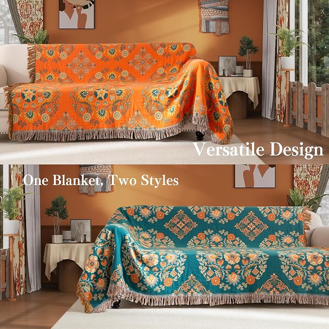 Phuryllic Boho Throw Blanket Twin Size, Soft Cozy Cotton Muslin Quilt Blanket for Bed Decor, Floral Patterned Couch Sofa Chair Cover, Vintage Farmhouse Cottage Tapestry Woven Blanket, Orange&Green
