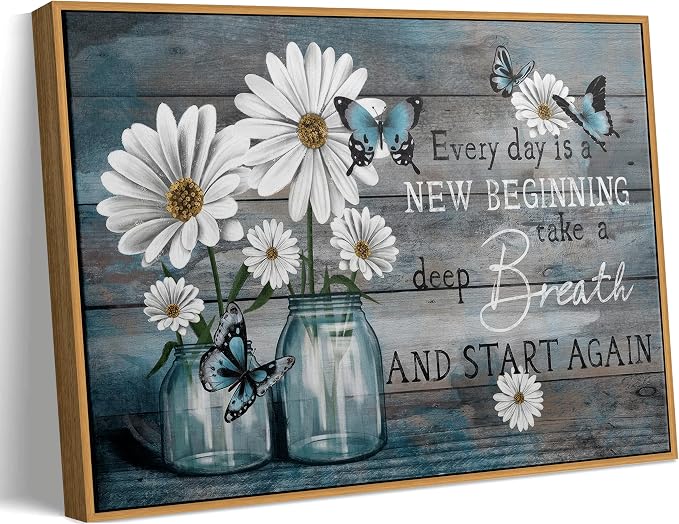 ZLXARTLA Wood Framed Daisy Wall Art Butterfly Wall Decor Inspirational Print Artwork Flower Picture Painting Still Life Suitable for Country Farmhouse Bedroom Bathroom Rustic Decoration 12x16in