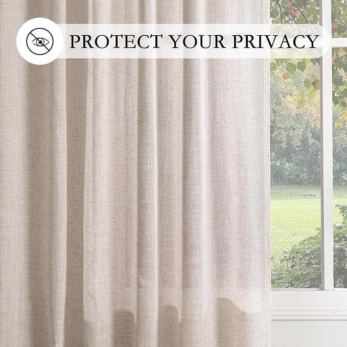 MYSKY HOME Natural Linen Sliding Glass Door Curtains, Back Tab Semi Sheer Curtain Panels Extra Long Floor Length Drapes 108 Inches for Living Room Linen Texture Soft Touch, 100" Wide, 1 Piece