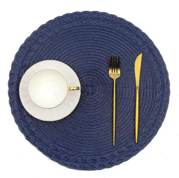 SHACOS Round Placemats Set of 6 Braided Border Fabric Woven Table Mats Washable 15 inch Circle Place Mats for Dining Table, Navy Blue