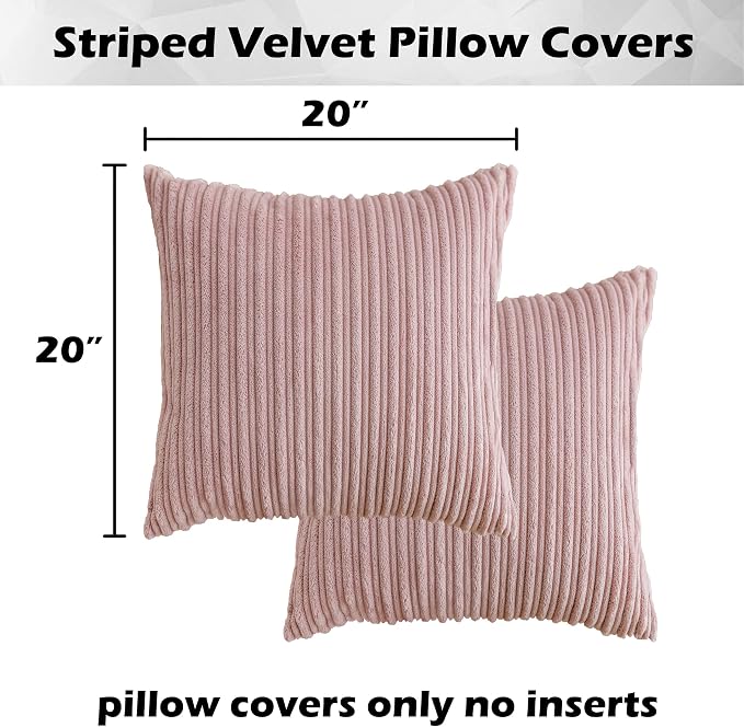 Kevin Textile Striped Corduroy 20”x20” Pillow Covers 2 Pack, Baby Pink