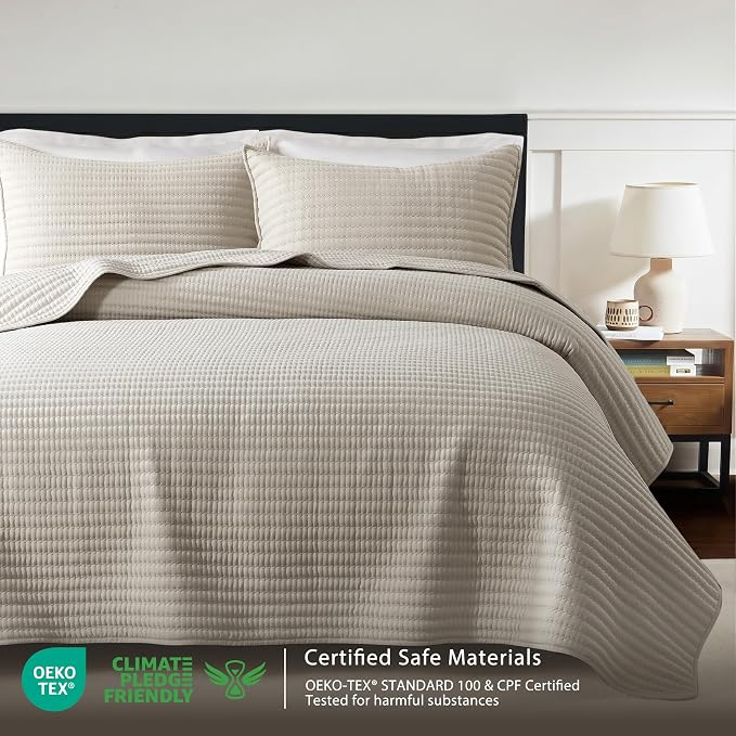 WDCOZY California King Size Quilt Set, 3 Pieces 118x106 inches, Beige | Oversized Cal King Bedspread, Channel Lightweight Farmhouse Coverlet, Thin Bedding Comforter for All Season, 2 Pillow Shams