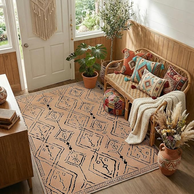jinchan 4x6 Faux Jute Area Rug Washable Moroccan Living Room Rug Warm Taupe | Neutral Boho Geometric, Non-Slip, Low Pile, Indoor Outdoor, Natural Fiber Look, Dining Room, Deck, Backyard, Bedroom, Patio