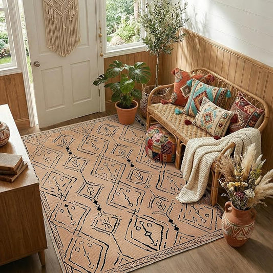 jinchan 4x6 Faux Jute Area Rug Washable Moroccan Living Room Rug Warm Taupe | Neutral Boho Geometric, Non-Slip, Low Pile, Indoor Outdoor, Natural Fiber Look, Dining Room, Deck, Backyard, Bedroom, Patio