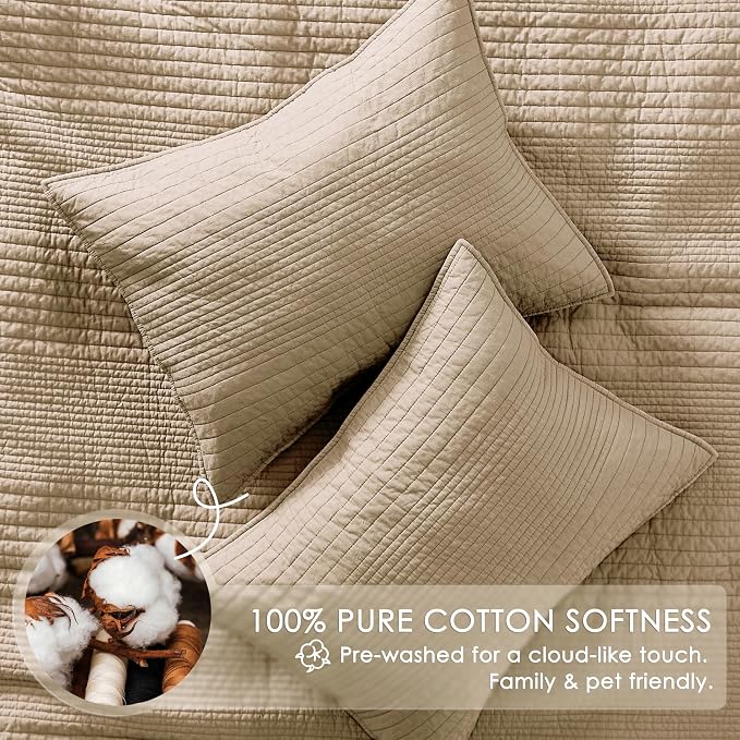palassio Striped Dark Beige 100% Cotton Quilt Twin Size Bedding Sets, Lightweight Crinkly Channel Pick Stitch Textured Bedspread Soft Shabby Chic Farmhouse Country Coverlet for All Season, 1 Sham